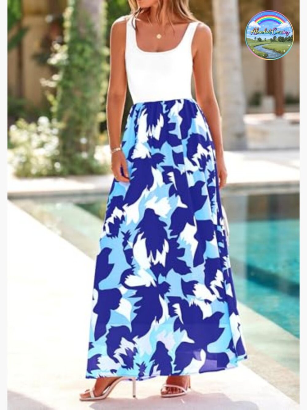 Boho Floral Maxi Dress Sleeveless Scoop Neck A-Line Tank Dress with Pockets - Picture 4 of 7
